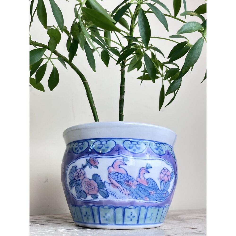 Vintage Chinese Porcelain Lucky Peacocks Floral Motif Jardiniere Planter 4” Tall